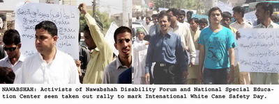 NAWABSHAH: Activists of Nawabshah Disability Forum and National Special Education Center seen taken out rally to mark International White Cane Safety Day.